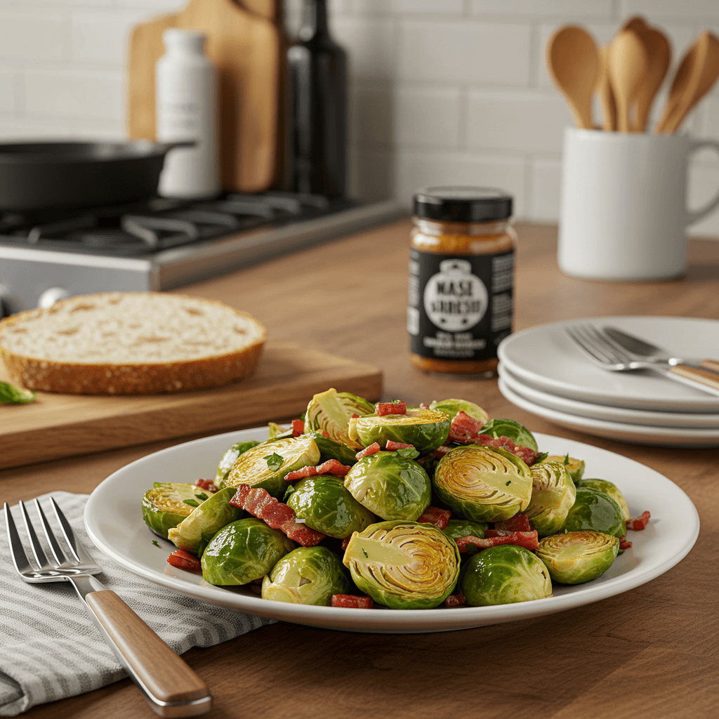 Maple Dijon Roasted Brussels Sprouts with Crispy Bacon