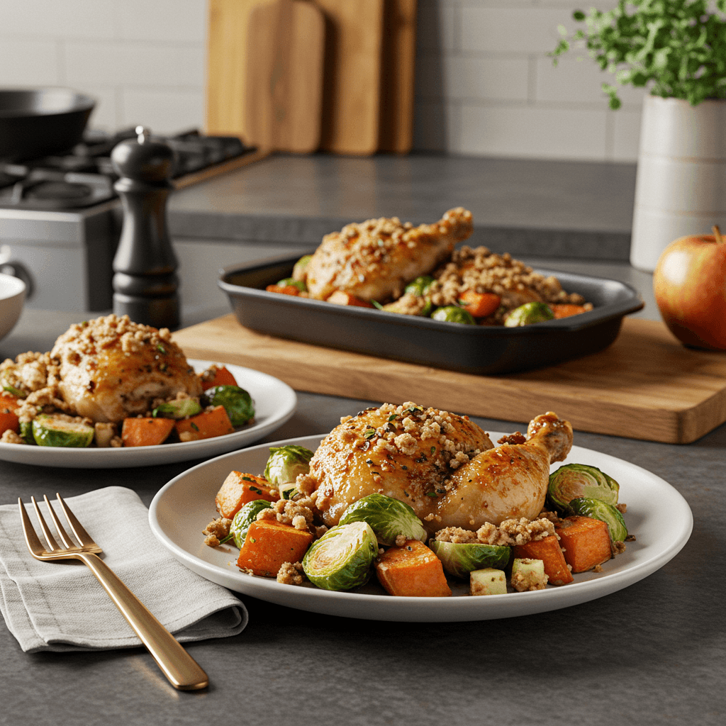 Roasted Chicken with Sweet Potatoes, Brussels Sprouts, Apple-Infused Crumble