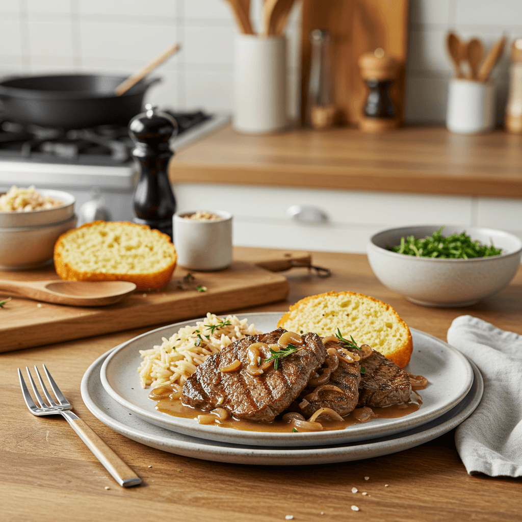 Slow-Cooked Garlic Herb Steak with Rich Onion Gravy