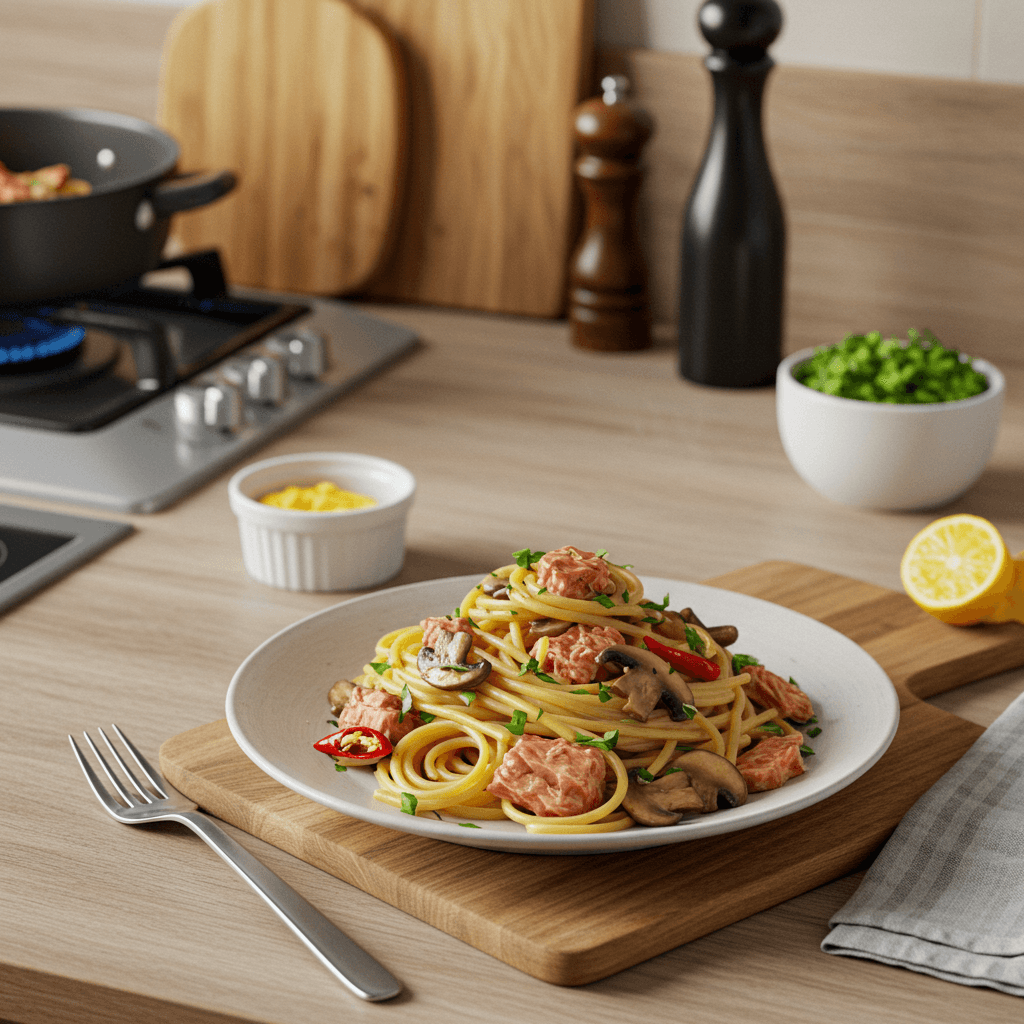 Spicy Tuna and Mushroom Spaghetti with Calabrian Chili